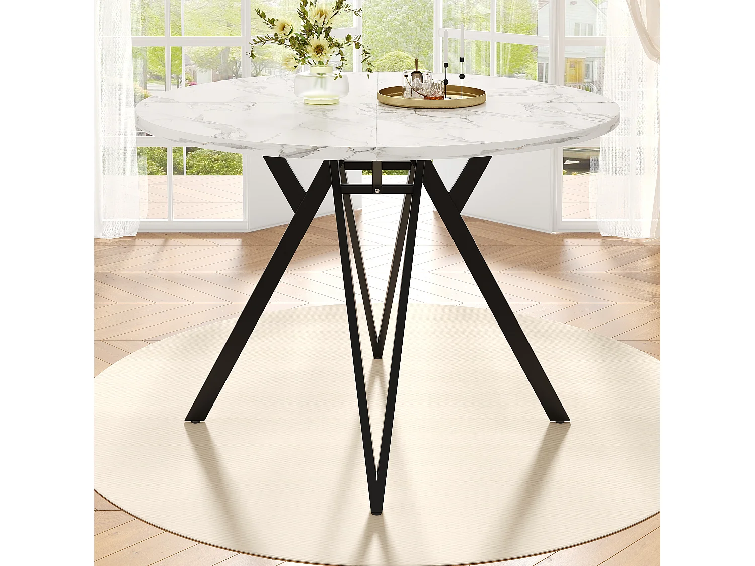 Ensemble de salle à manger rond moderne, 4 chaises velours gris, plateau MDF marbré, pieds métal noir (100x100x76cm)