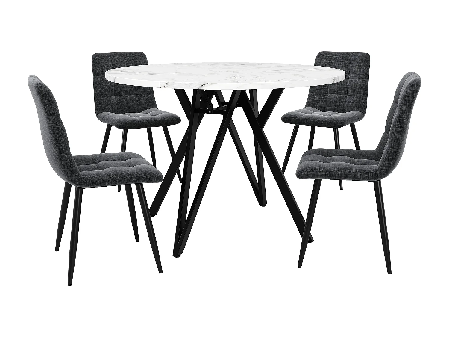 Ensemble de salle à manger rond moderne, 4 chaises velours gris, plateau MDF marbré, pieds métal noir (100x100x76cm)