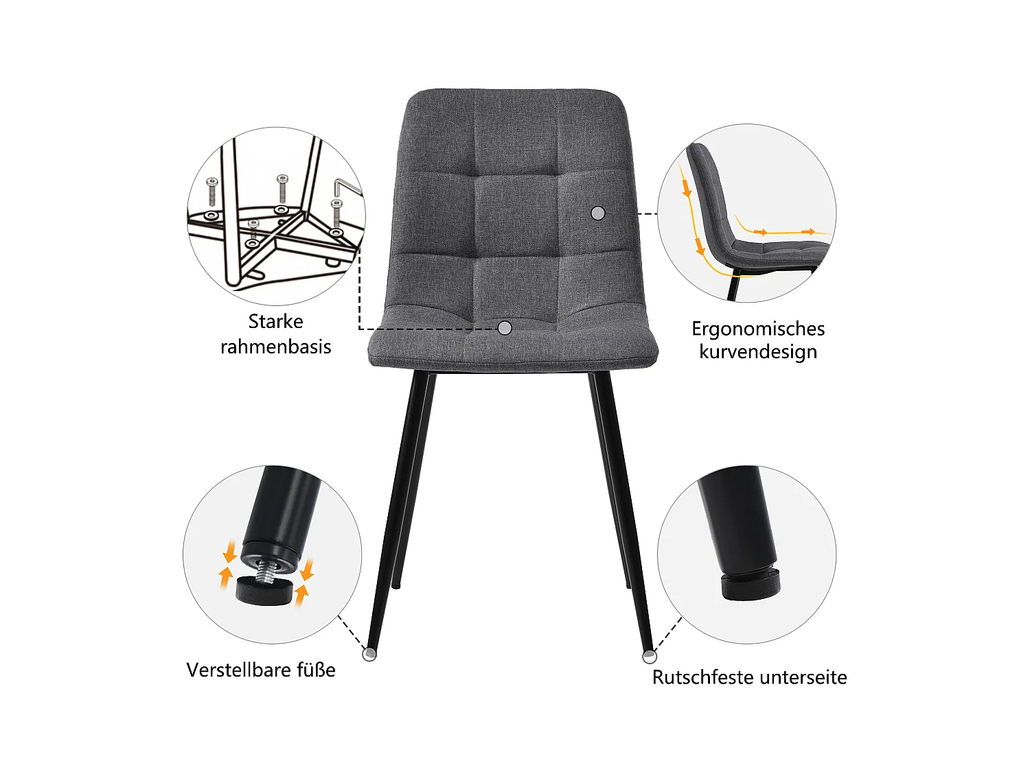 Essgruppe (5 stuks), Rechthoekige tafel 117x68 cm met 4 stoelen in donkergrijs linnen, gouden metalen poten