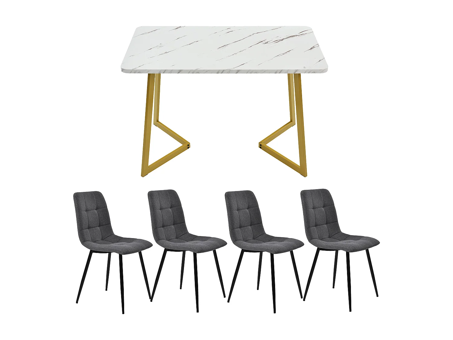 ensemble de salle à manger (5 pièces), Table Rectangulaire 117x68 cm avec 4 Chaises en Lin Gris Foncé, Pieds Métalliques Dorés