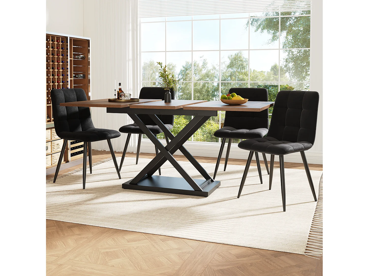 Set da pranzo (5 pezzi), Tavolo allungabile 160x80x75 cm con 4 sedie in velluto nero, Tavolo da pranzo in legno di noce