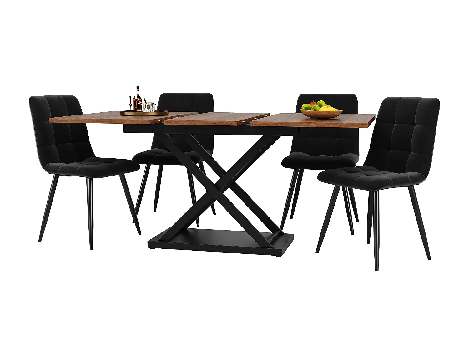 Set da pranzo (5 pezzi), Tavolo allungabile 160x80x75 cm con 4 sedie in velluto nero, Tavolo da pranzo in legno di noce