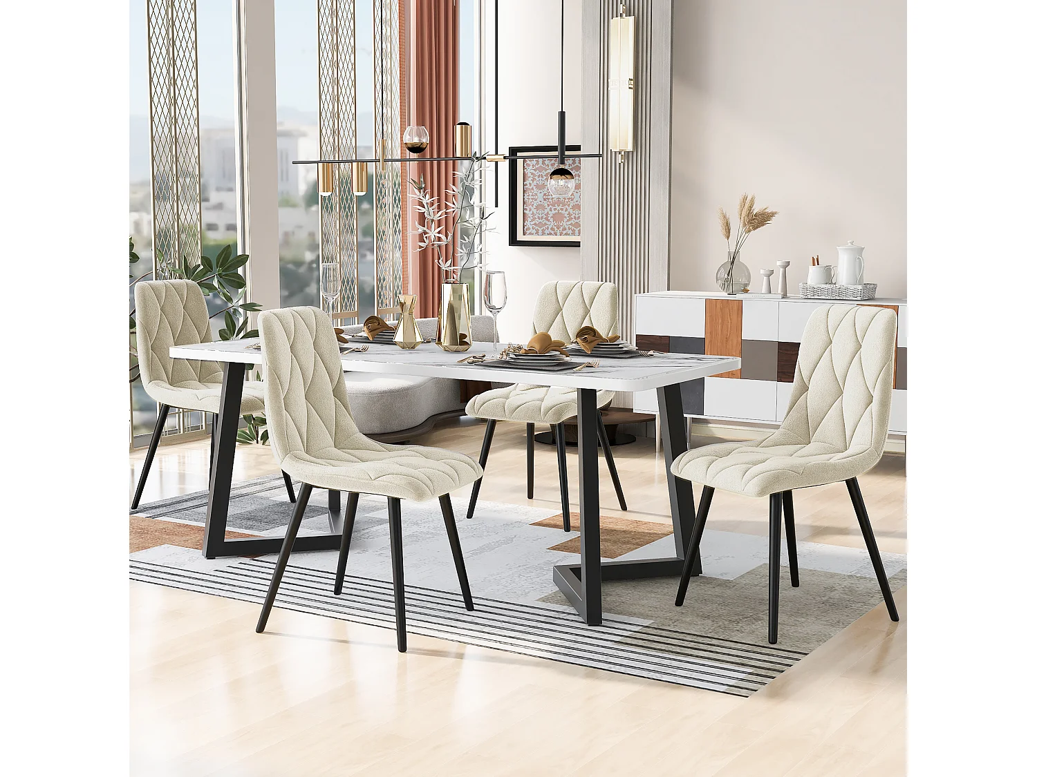 Ensemble de salle à manger (5 pièces), Table 117×68 cm avec 4 chaises en velours beige, pieds métalliques noirs, MDF blanc (117×68×75 cm)