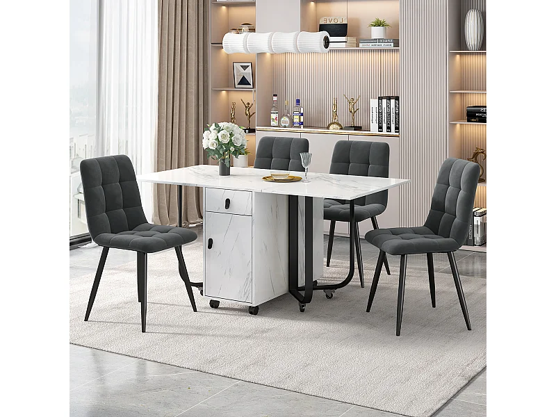Ensemble de salle à manger, table pliante 150x80x76 cm avec 4 chaises en velours, plateau MDF blanc, pieds noirs (150x80x76 cm)