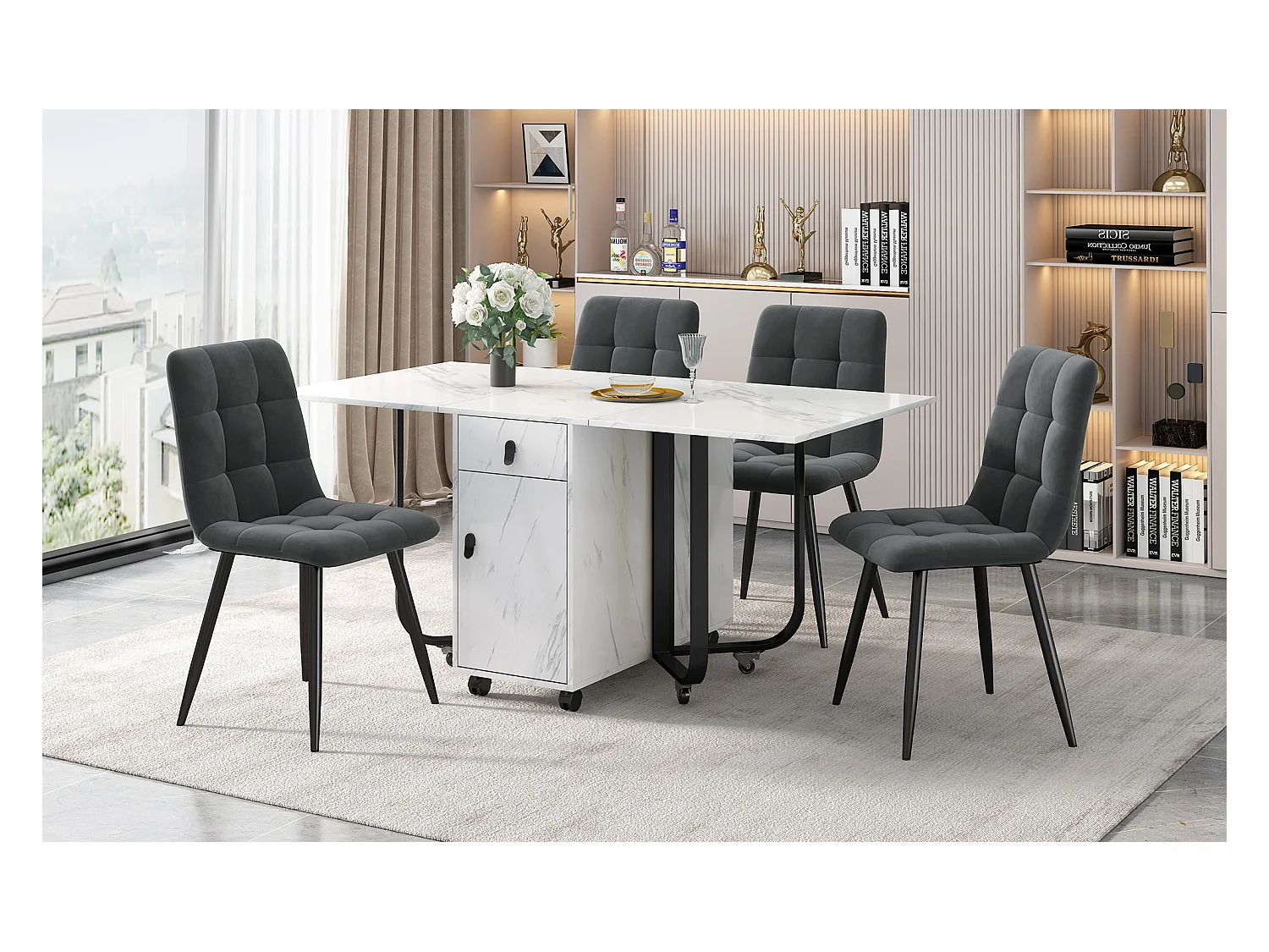 Ensemble de salle à manger, table pliante 150x80x76 cm avec 4 chaises en velours, plateau MDF blanc, pieds noirs (150x80x76 cm)