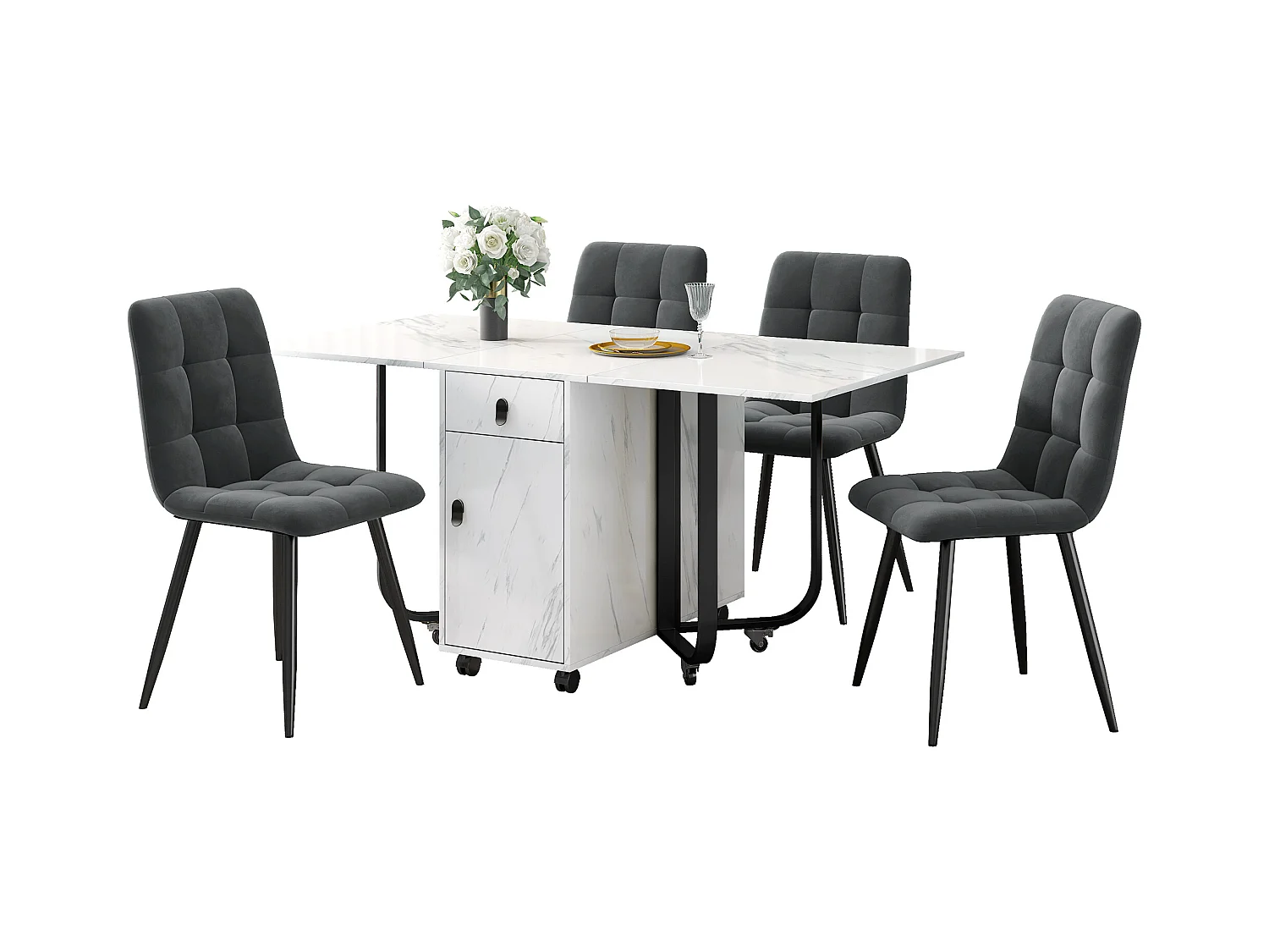 Ensemble de salle à manger, table pliante 150x80x76 cm avec 4 chaises en velours, plateau MDF blanc, pieds noirs (150x80x76 cm)