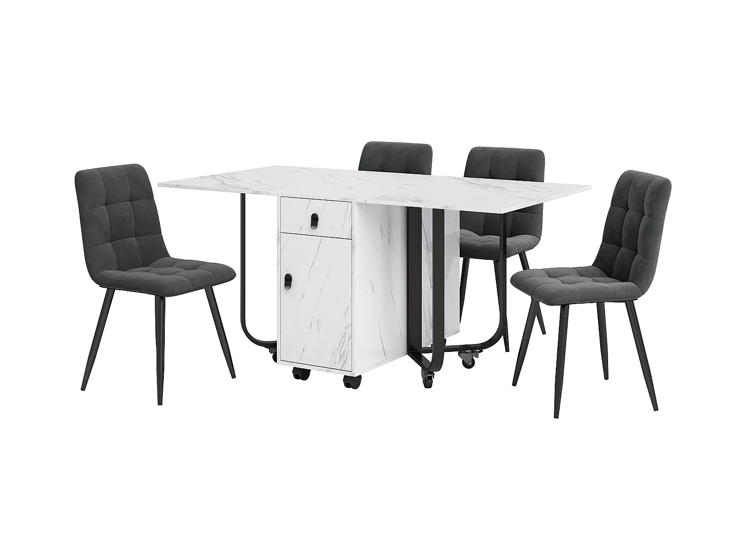 Ensemble de salle à manger, table pliante 150x80x76 cm avec 4 chaises en velours, plateau MDF blanc, pieds noirs (150x80x76 cm)