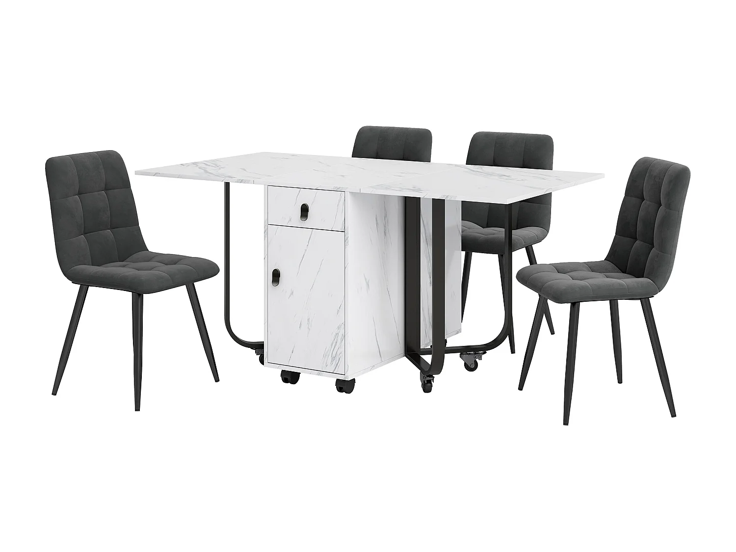 Eetkamerset, opklapbare tafel 150x80x76 cm met 4 fluwelen stoelen, wit MDF blad, zwarte poten (150x80x76 cm)