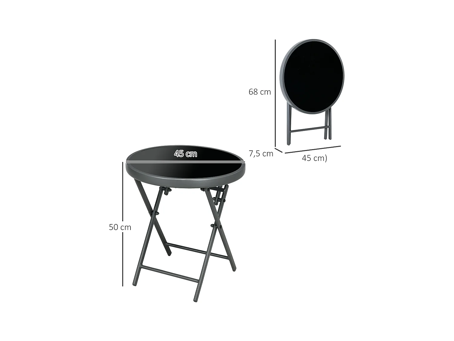 Opvouwbare bijzettafel met glazen blad, metaal, zwart (45x45x50 cm)