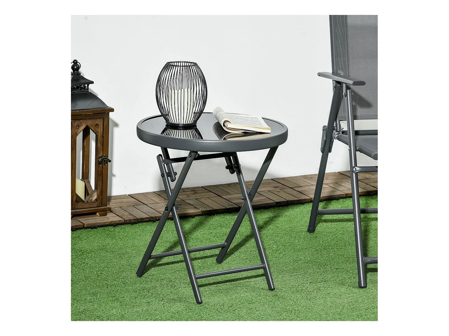 Table d'appoint pliable, avec plateau en verre, métal, noir (45x45x50 cm)