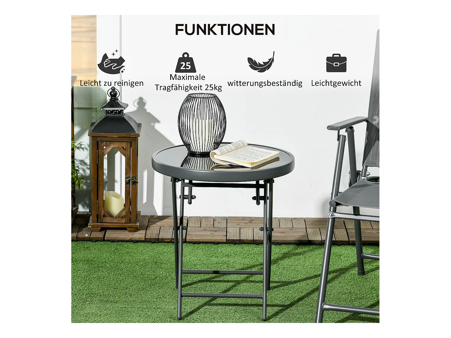 Table d'appoint pliable, avec plateau en verre, métal, noir (45x45x50 cm)