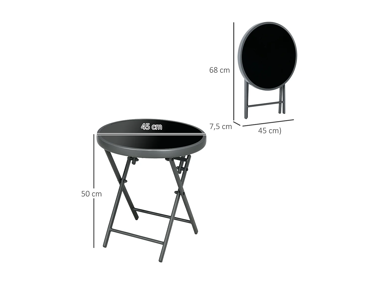 Table d'appoint pliable, avec plateau en verre, métal, noir (45x45x50 cm)
