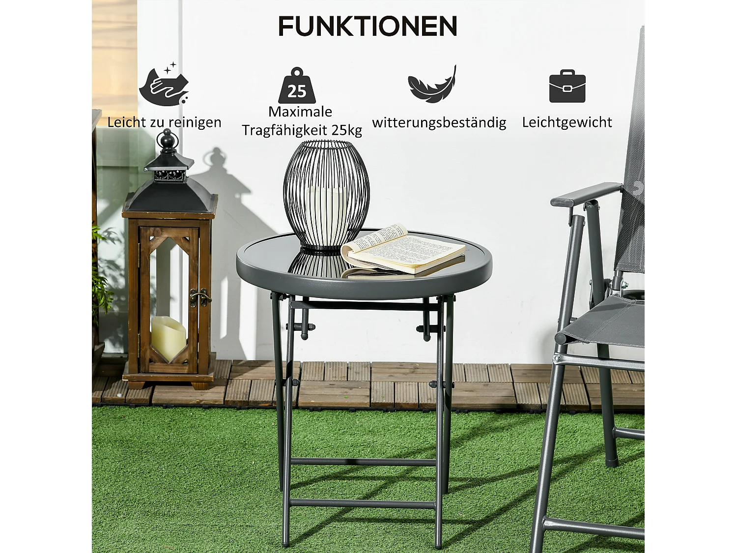 Table d'appoint pliable, avec plateau en verre, métal, noir (45x45x50 cm)