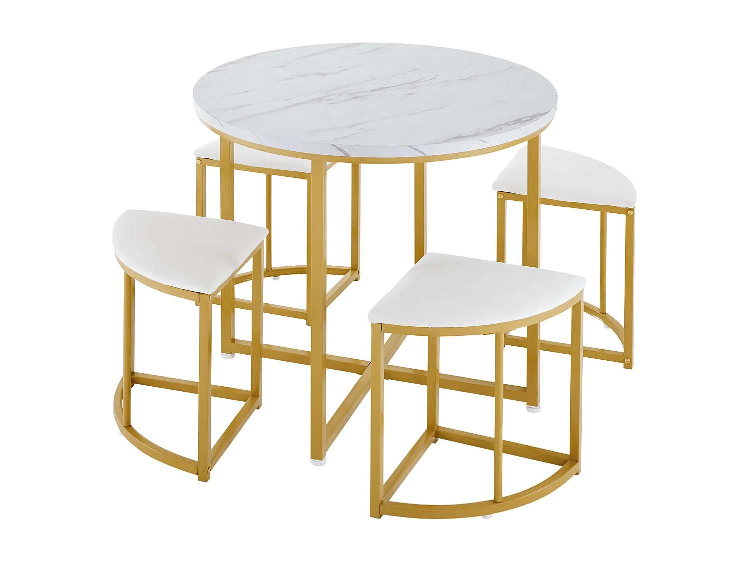Ensemble de salle à manger avec 4 chaises, table ronde MDF avec cadre en métal doré, chaises en velours, moderne et luxueux, blanc (80x80x75 cm)