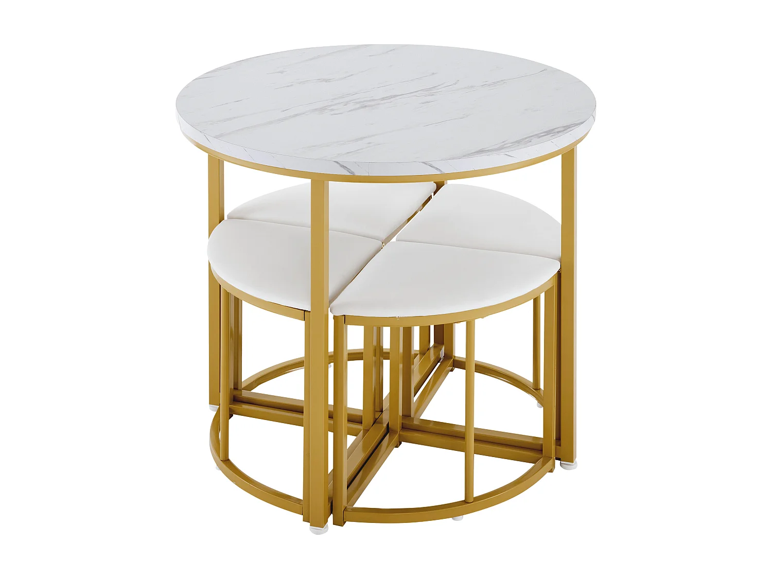 Ensemble de salle à manger avec 4 chaises, table ronde MDF avec cadre en métal doré, chaises en velours, moderne et luxueux, blanc (80x80x75 cm)