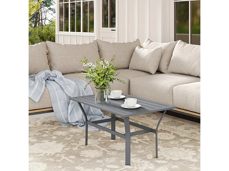 Table d'appoint métallique à lamelles, résistante aux intempéries, gris foncé, pour balcon et jardin (91.5x55x45cm)