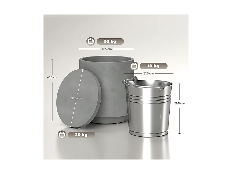 Table d'appoint avec seau à boissons réfrigérant amovible 10 L, design 3-en-1, béton, gris clair, (37.5x37.5x43.5 cm)