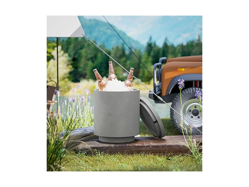 Table d'appoint avec seau à boissons réfrigérant amovible 10 L, design 3-en-1, béton, gris clair, (37.5x37.5x43.5 cm)