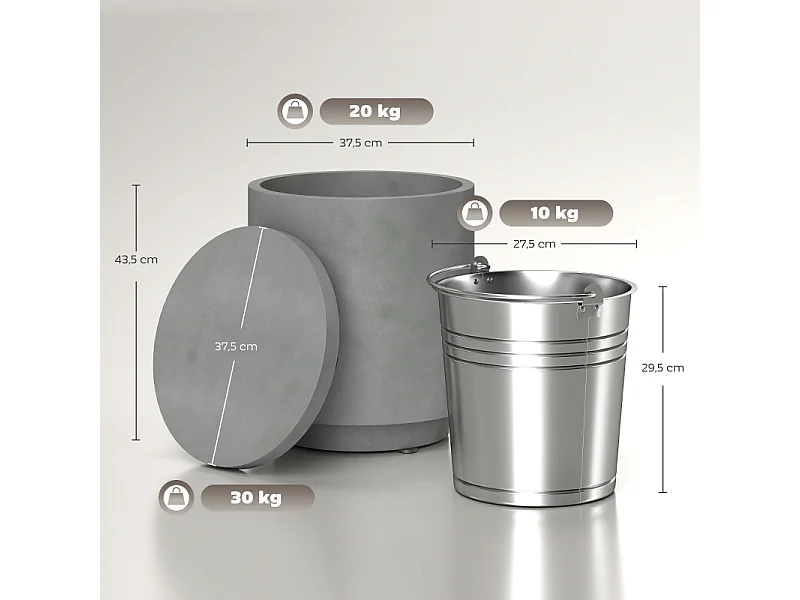 Table d'appoint avec seau à boissons réfrigérant amovible 10 L, design 3-en-1, béton, gris clair, (37.5x37.5x43.5 cm)