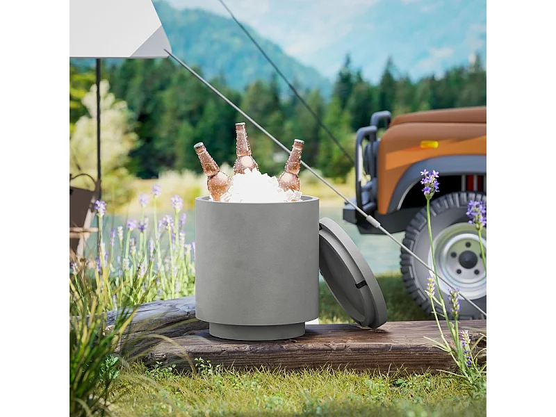 Table d'appoint avec seau à boissons réfrigérant amovible 10 L, design 3-en-1, béton, gris clair, (37.5x37.5x43.5 cm)