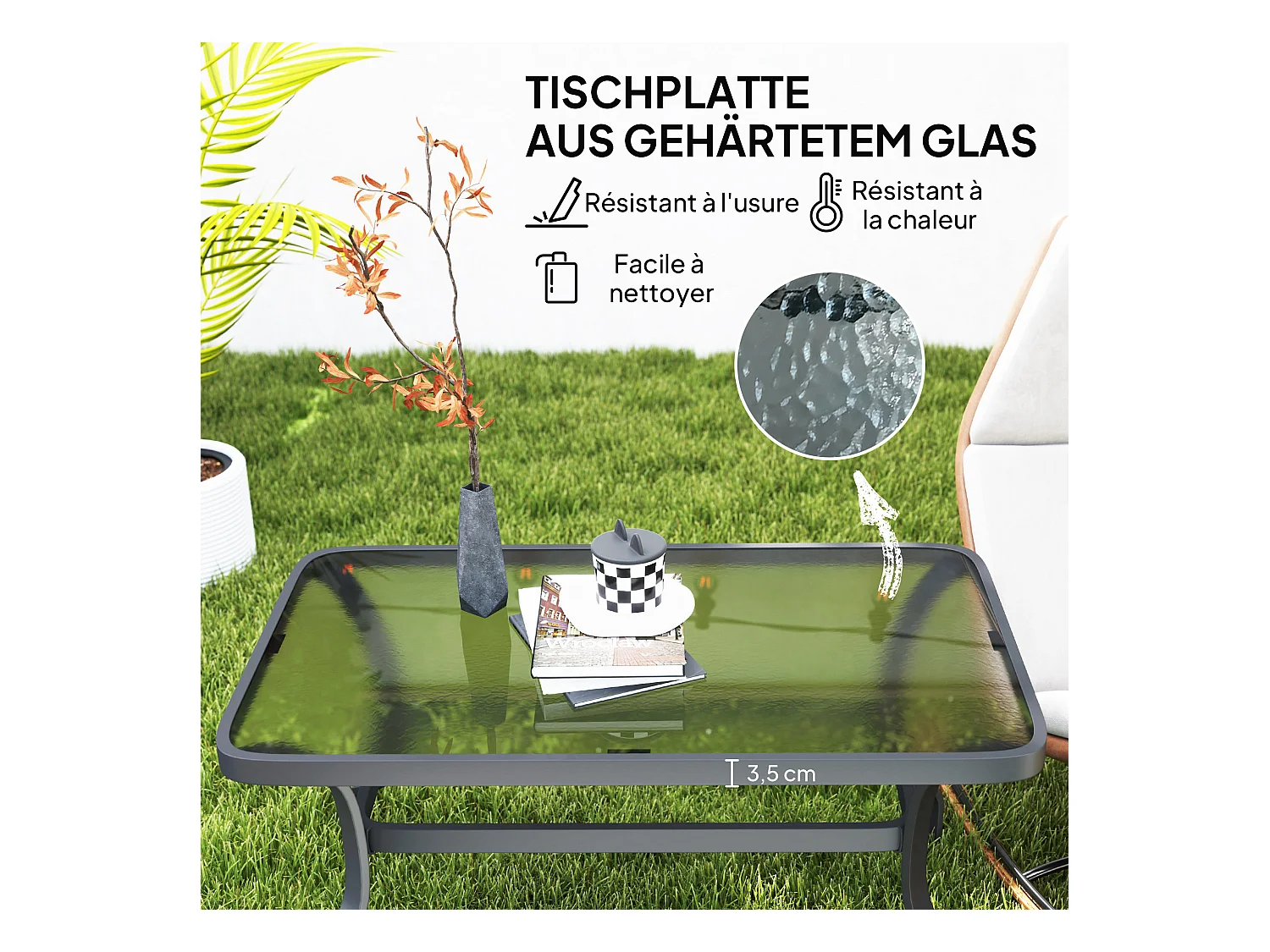 Table d'appoint ronde avec plateau en verre, cadre métallique, noir (95x55x46 cm)