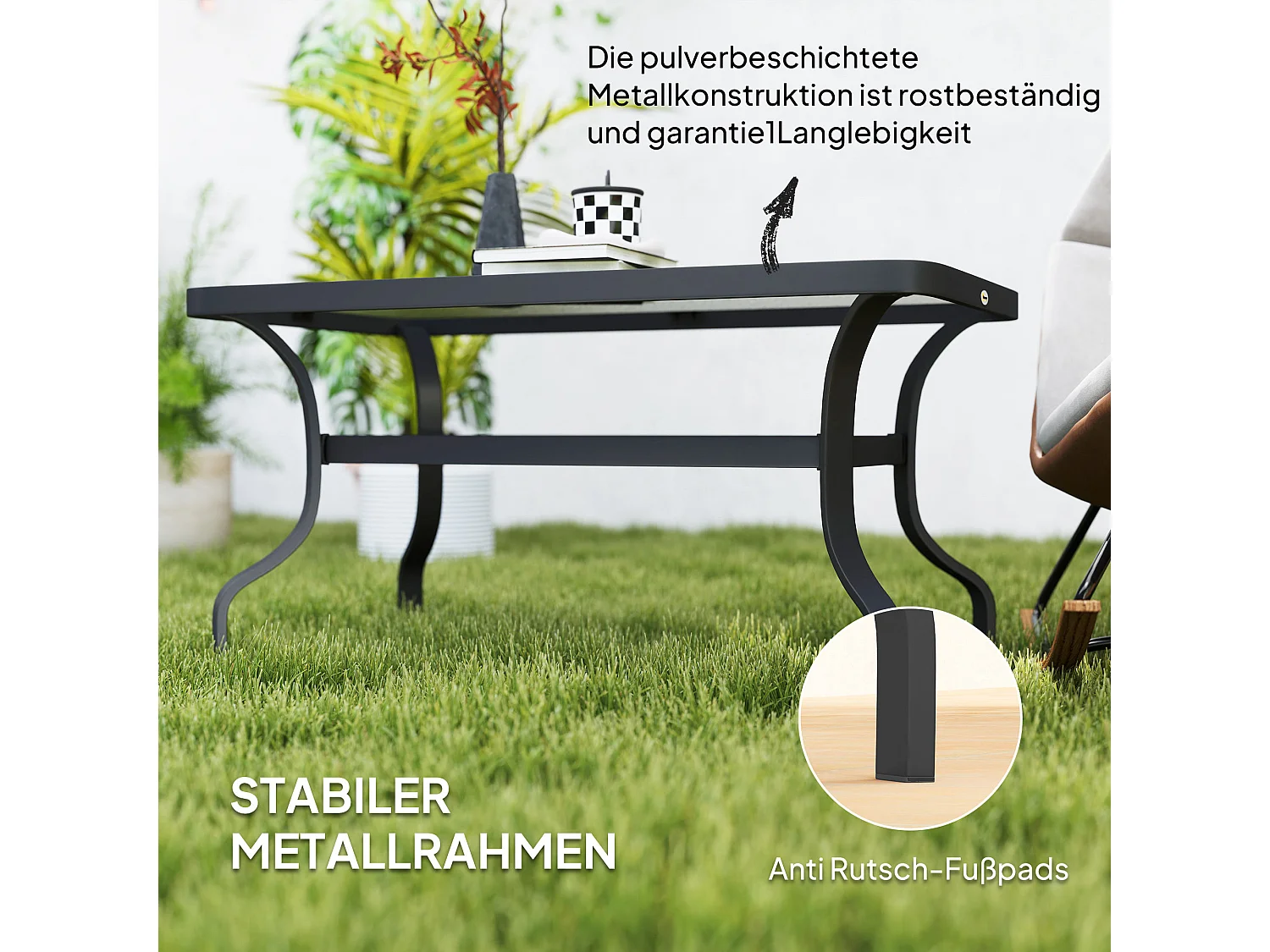 Table d'appoint ronde avec plateau en verre, cadre métallique, noir (95x55x46 cm)