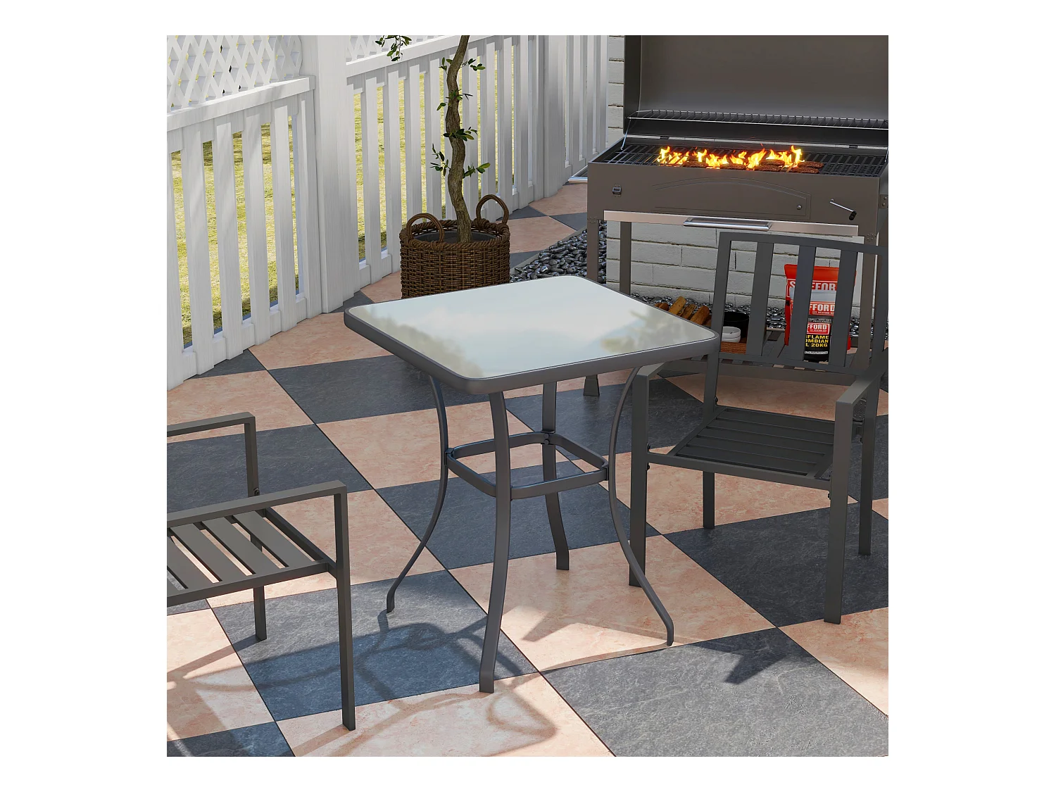 Vierkante tuintafel van gehard glas, weerbestendig, metaal, zwart (68,5x68,5x84cm)