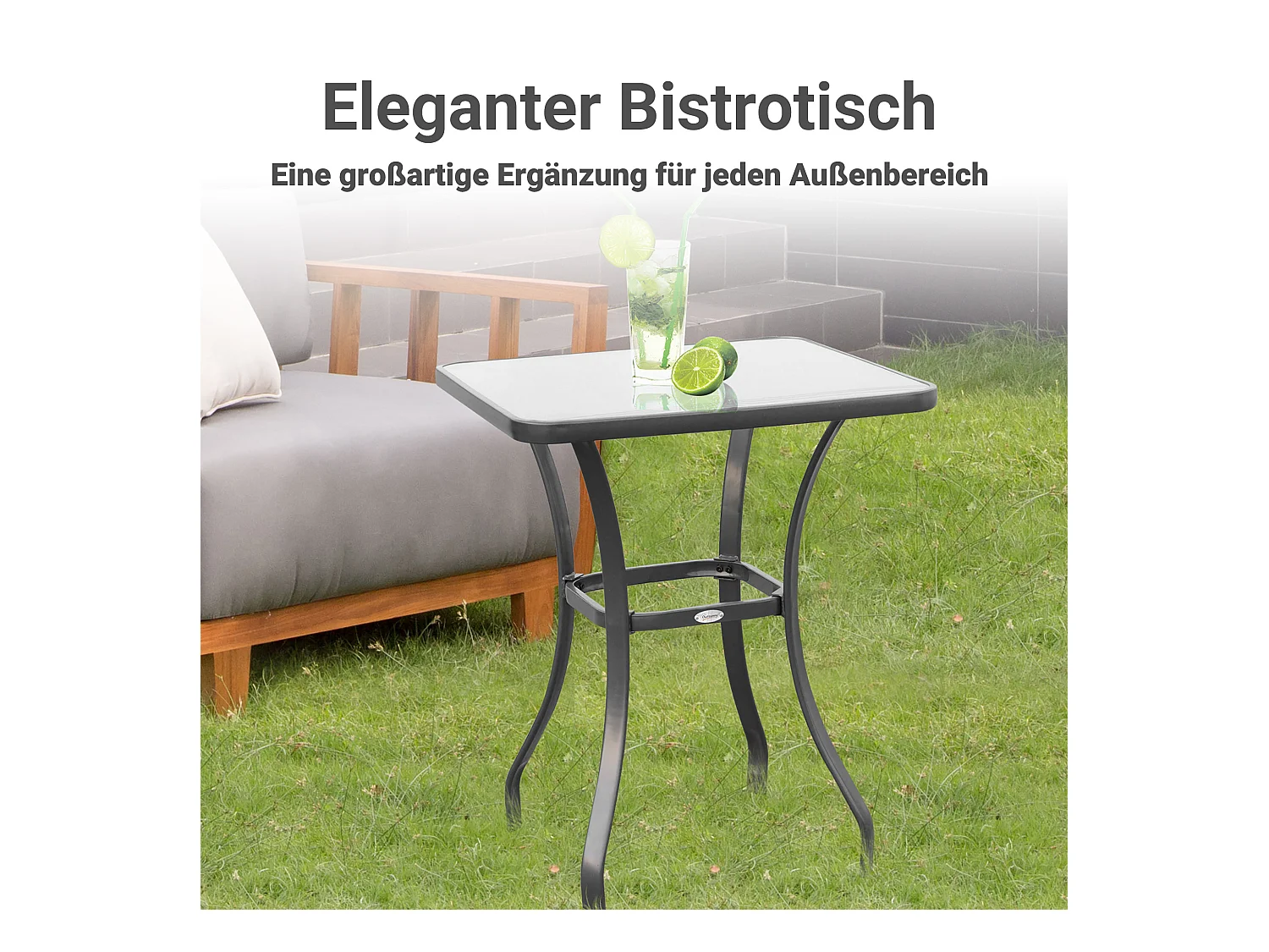 Vierkante tuintafel van gehard glas, weerbestendig, metaal, zwart (68,5x68,5x84cm)