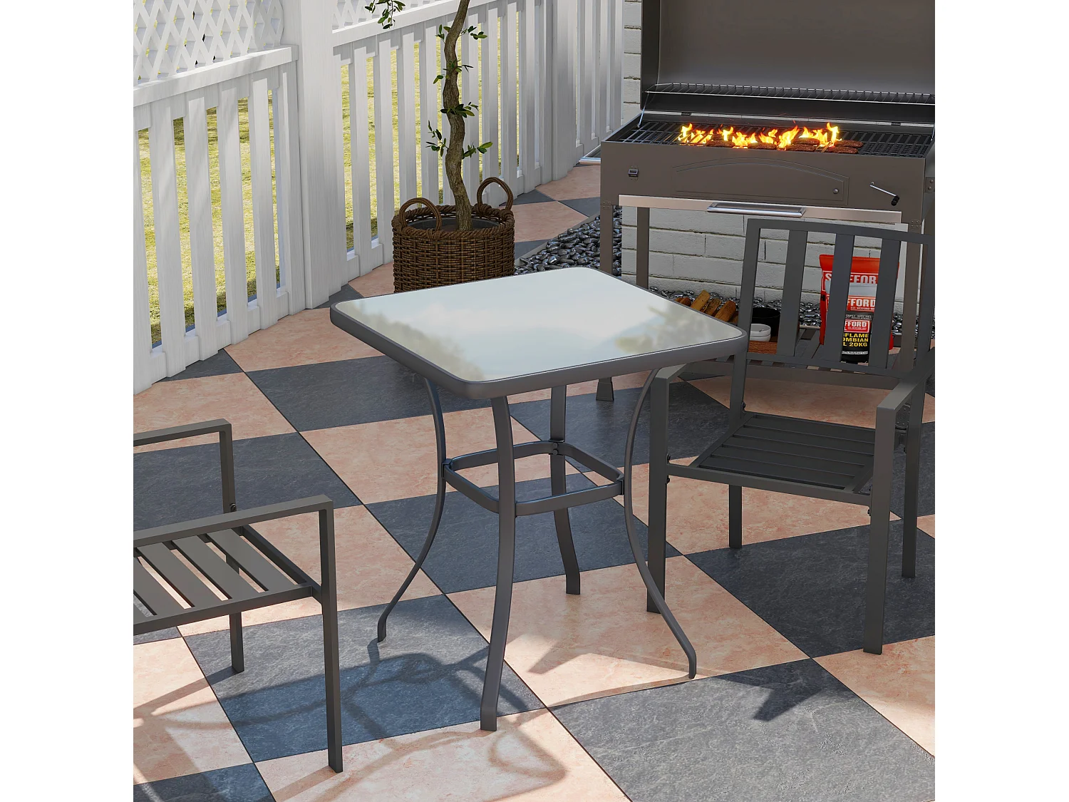 Table de jardin carrée en verre trempé, résistante aux intempéries, métal, noir (68.5x68.5x84cm)