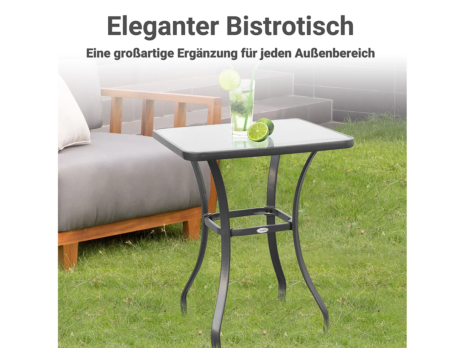 Table de jardin carrée en verre trempé, résistante aux intempéries, métal, noir (68.5x68.5x84cm)