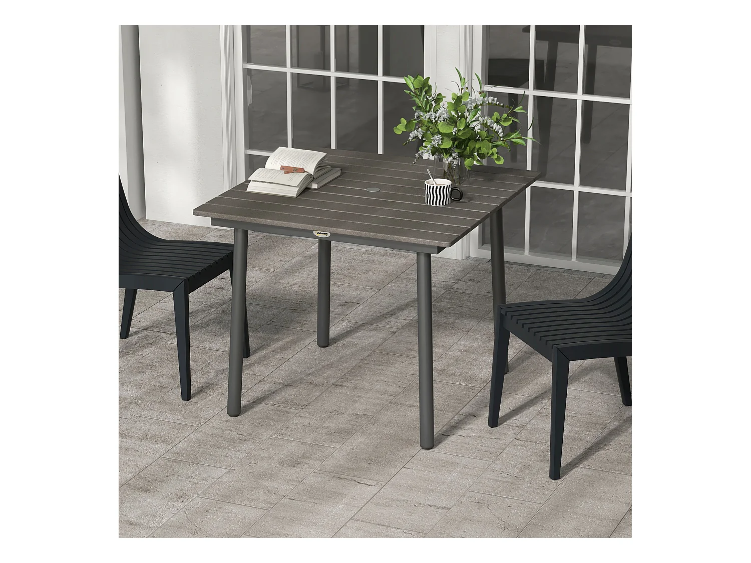 Vierkante tuintafel voor 4 personen, aluminium en HDPE, met parasolgat, donkergrijs (90x90x75cm)