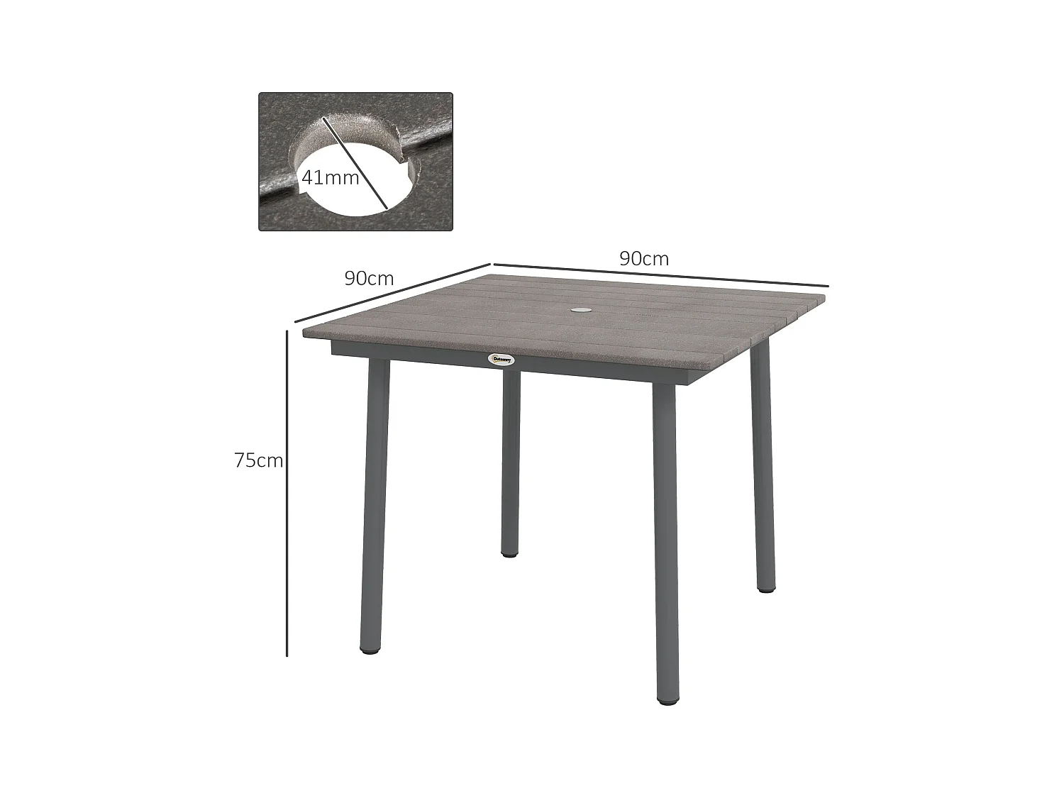 Vierkante tuintafel voor 4 personen, aluminium en HDPE, met parasolgat, donkergrijs (90x90x75cm)