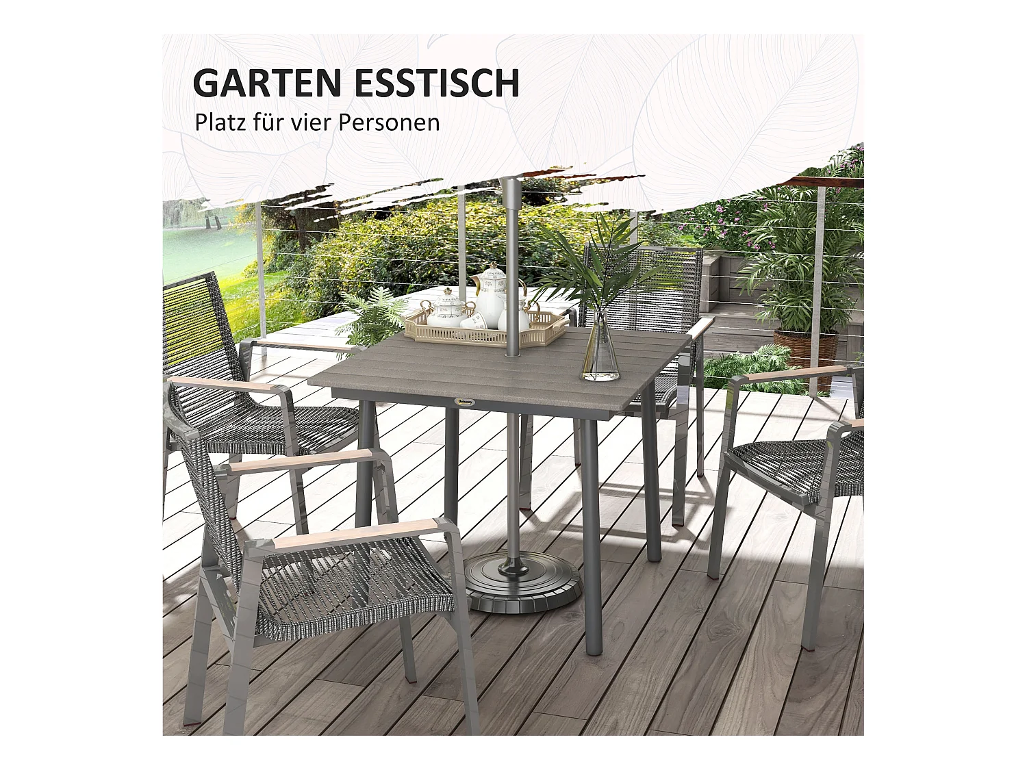 Vierkante tuintafel voor 4 personen, aluminium en HDPE, met parasolgat, donkergrijs (90x90x75cm)