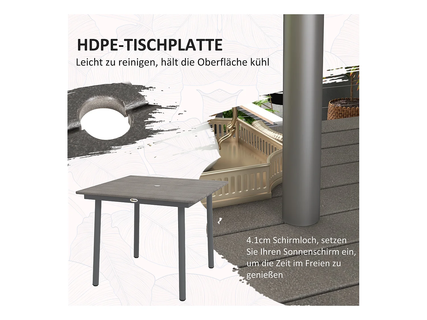 Vierkante tuintafel voor 4 personen, aluminium en HDPE, met parasolgat, donkergrijs (90x90x75cm)