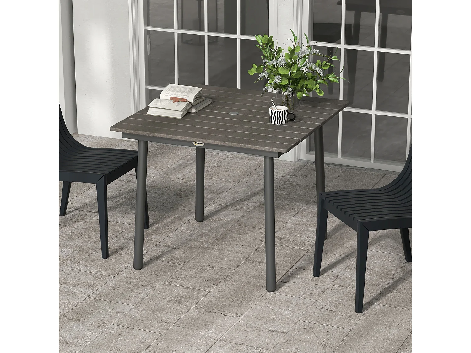 Table de jardin carrée pour 4 personnes, aluminium et HDPE, avec trou pour parasol, gris foncé (90x90x75cm)