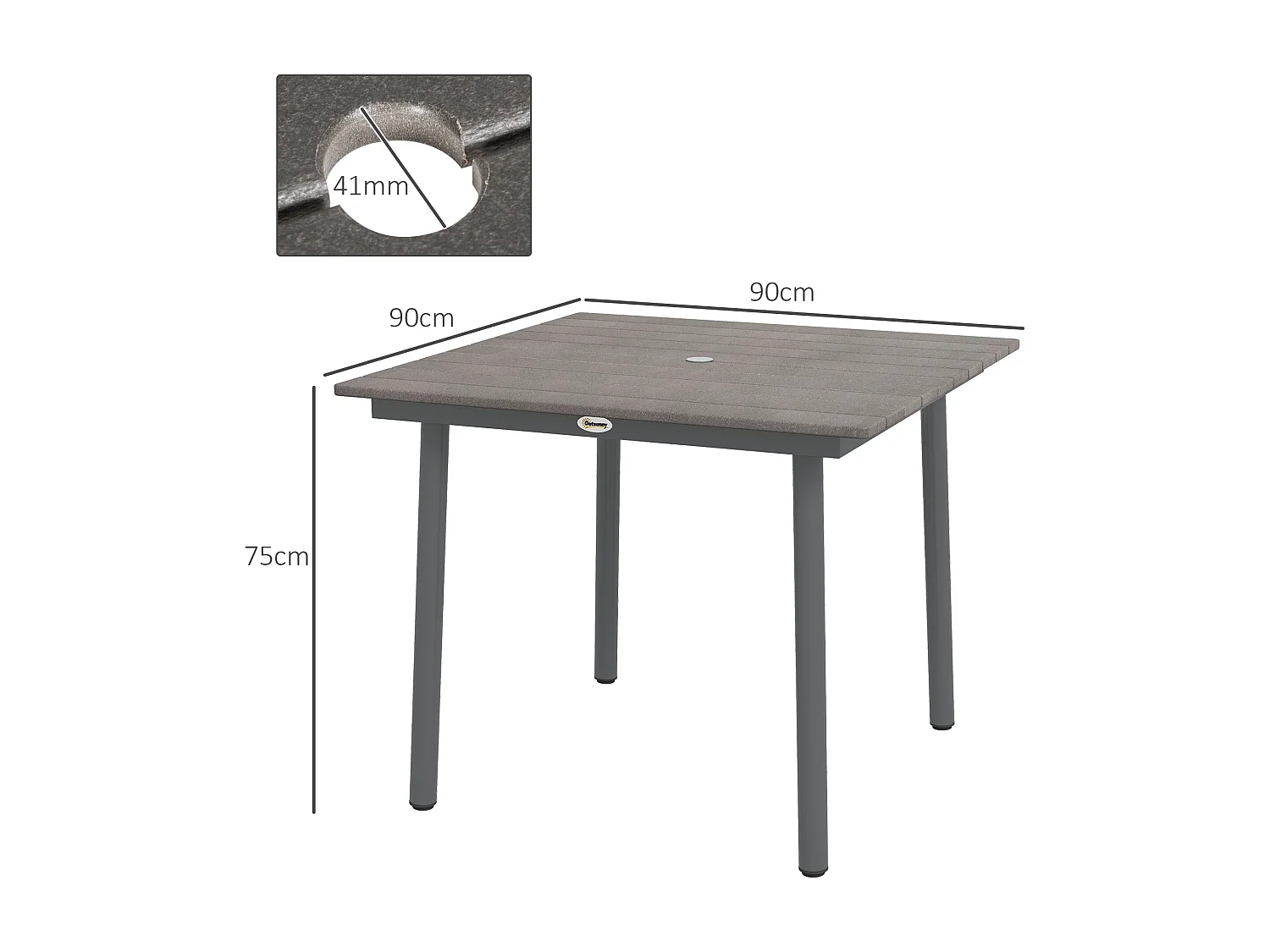 Table de jardin carrée pour 4 personnes, aluminium et HDPE, avec trou pour parasol, gris foncé (90x90x75cm)