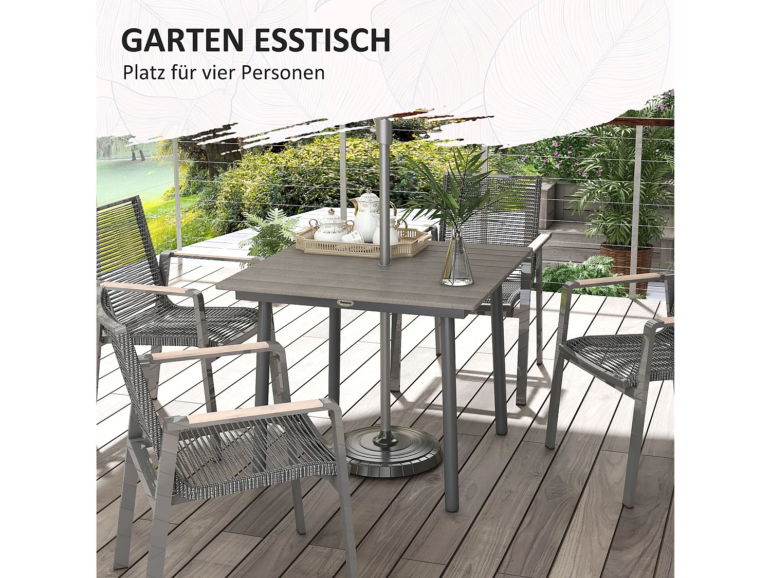 Table de jardin carrée pour 4 personnes, aluminium et HDPE, avec trou pour parasol, gris foncé (90x90x75cm)