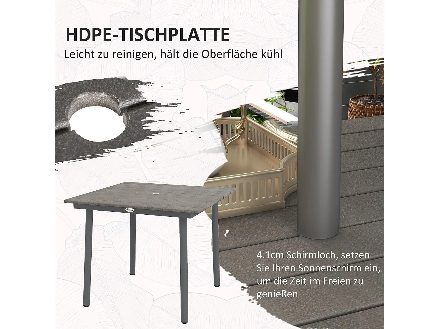 Table de jardin carrée pour 4 personnes, aluminium et HDPE, avec trou pour parasol, gris foncé (90x90x75cm)