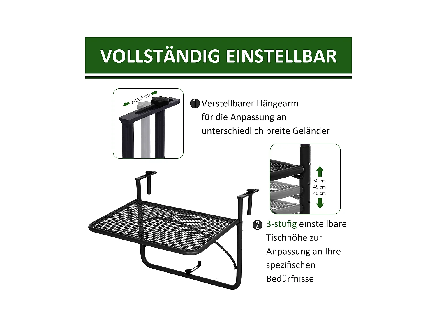 Verstelbare hangtafel voor balkon, metaal, zwart (60x56,5x45cm)
