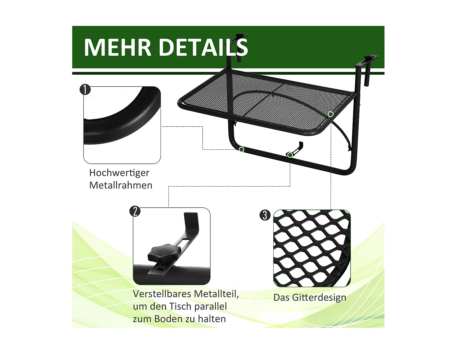 Verstelbare hangtafel voor balkon, metaal, zwart (60x56,5x45cm)