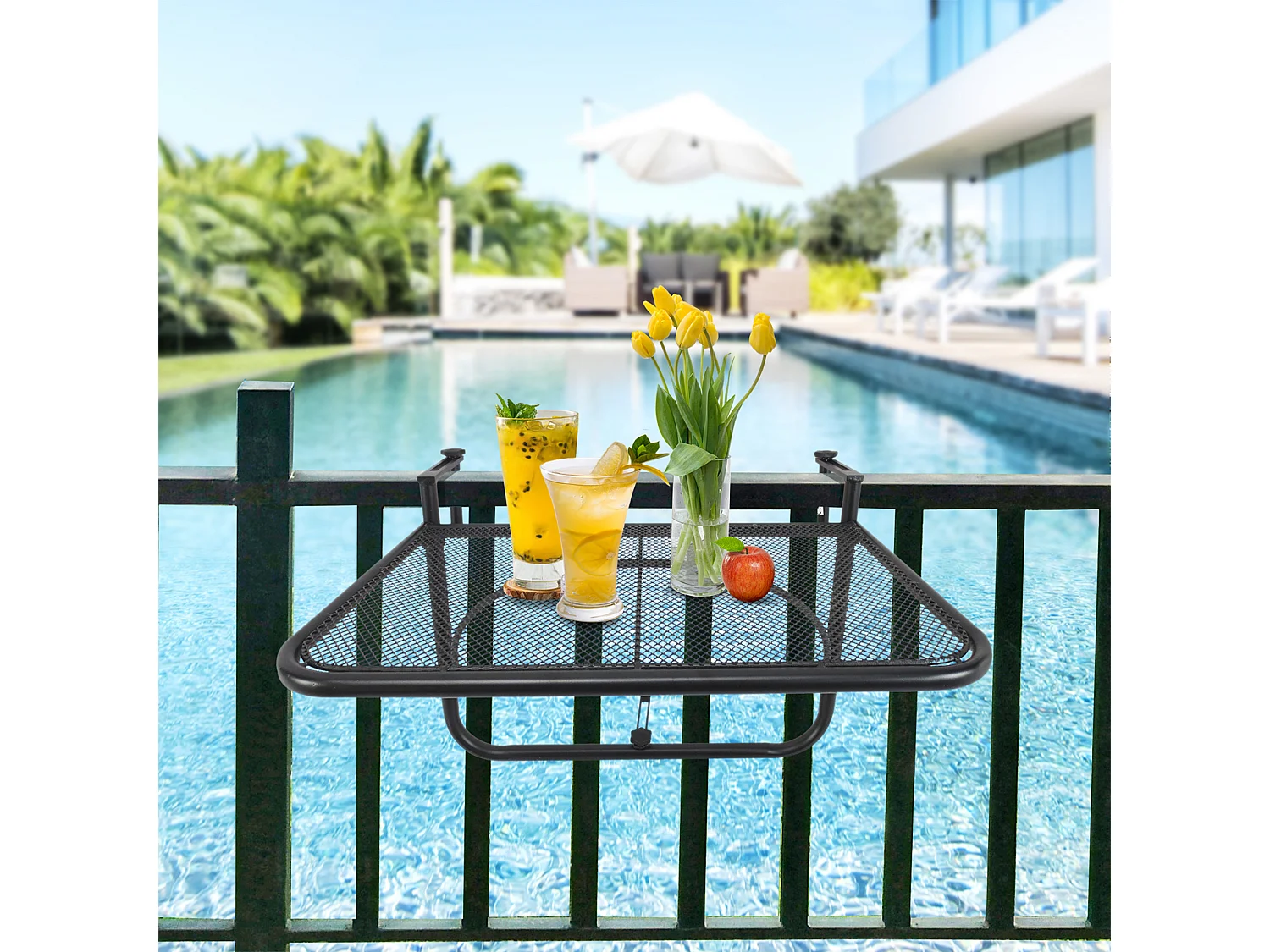 Tavolo sospeso regolabile per balcone, metallo, nero (60x56,5x45cm)