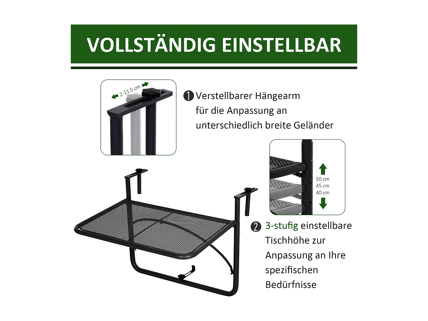 Tavolo sospeso regolabile per balcone, metallo, nero (60x56,5x45cm)