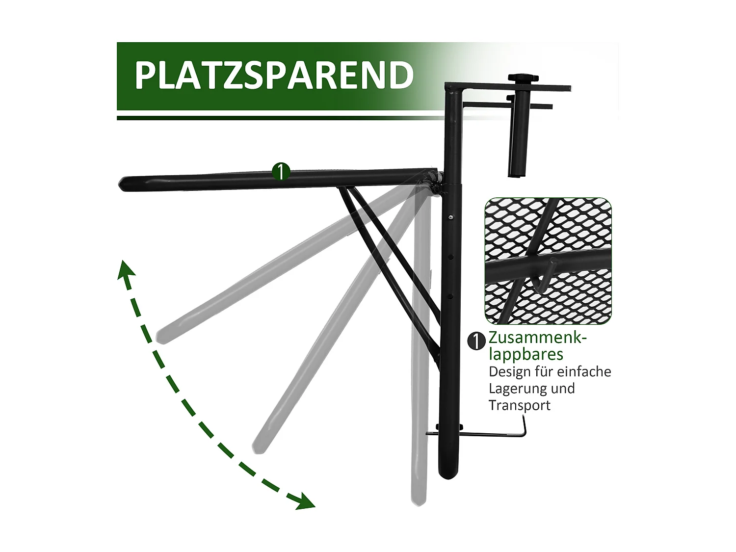 Tavolo sospeso regolabile per balcone, metallo, nero (60x56,5x45cm)