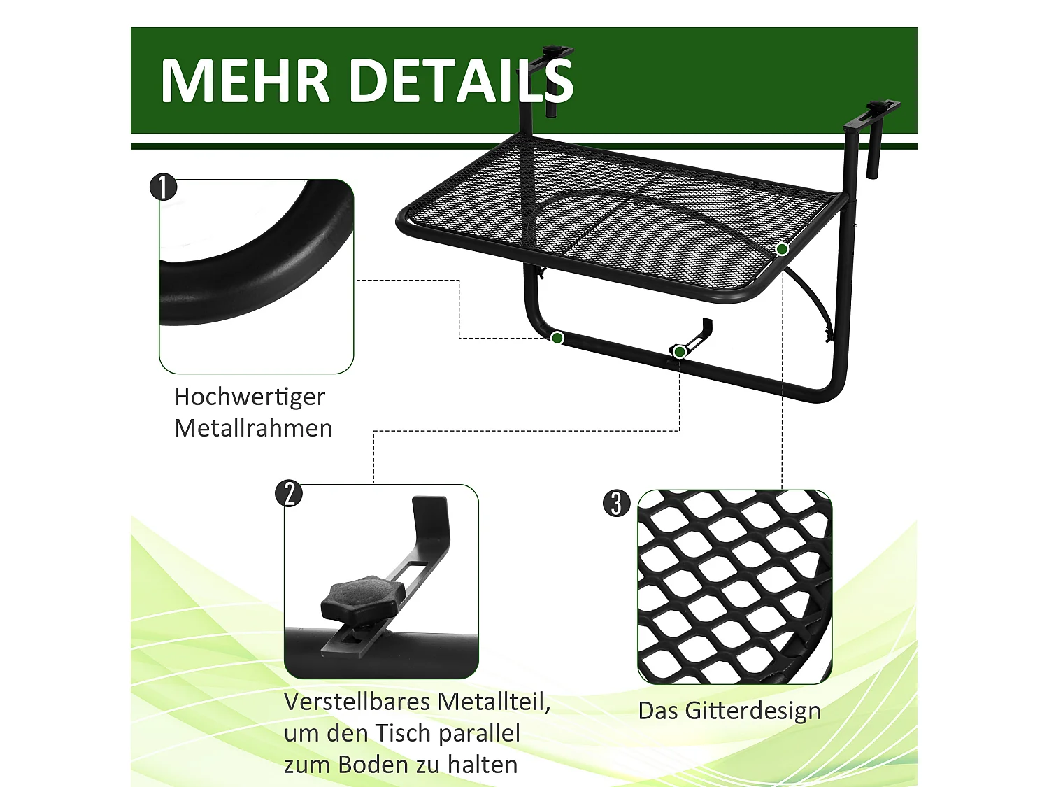 Tavolo sospeso regolabile per balcone, metallo, nero (60x56,5x45cm)