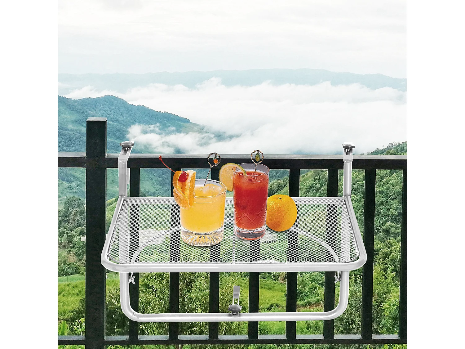 Verstelbare hangtafel voor balkon, modern design, metaal, wit, met geventileerd blad (60x56,5x45cm)