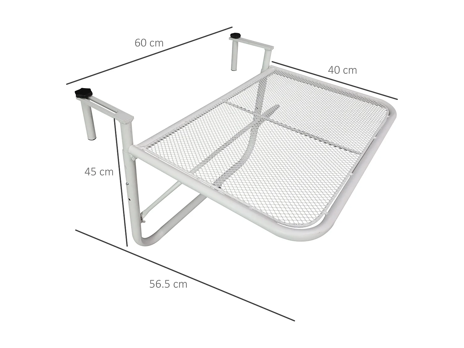Verstelbare hangtafel voor balkon, modern design, metaal, wit, met geventileerd blad (60x56,5x45cm)