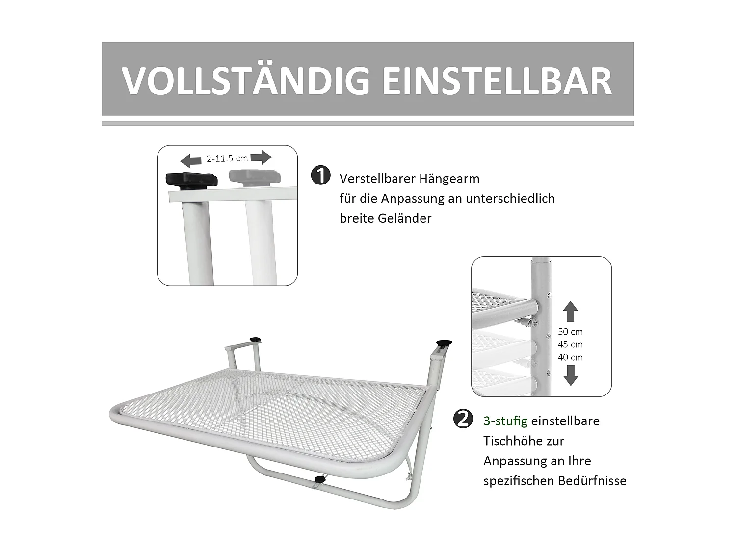 Verstelbare hangtafel voor balkon, modern design, metaal, wit, met geventileerd blad (60x56,5x45cm)