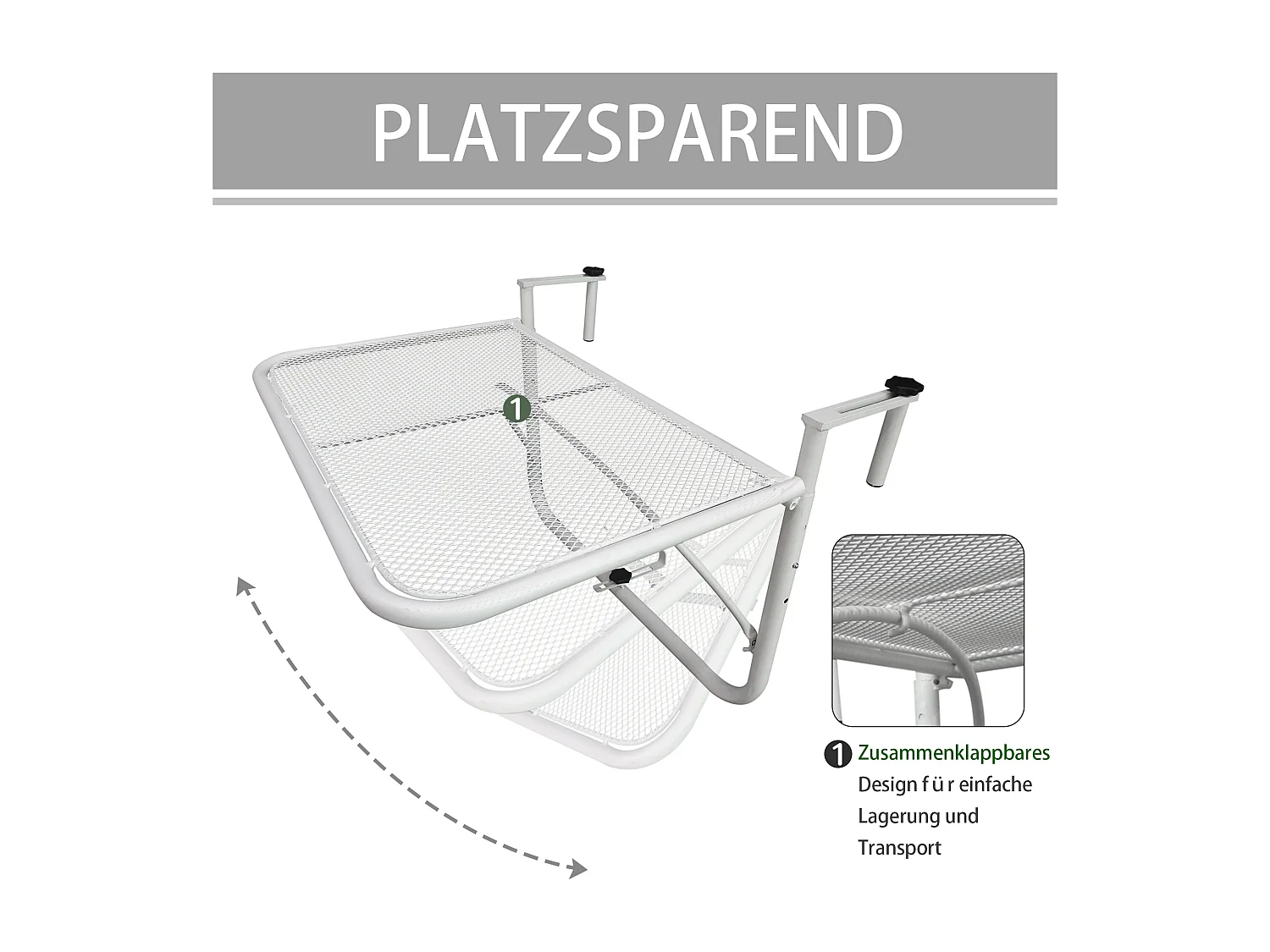 Verstelbare hangtafel voor balkon, modern design, metaal, wit, met geventileerd blad (60x56,5x45cm)