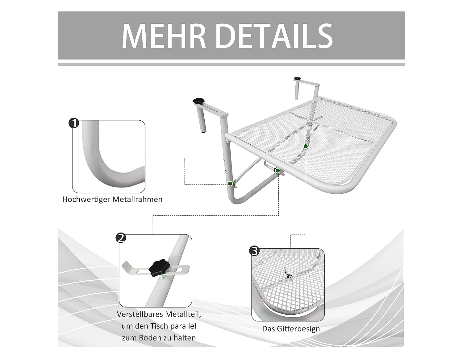 Verstelbare hangtafel voor balkon, modern design, metaal, wit, met geventileerd blad (60x56,5x45cm)