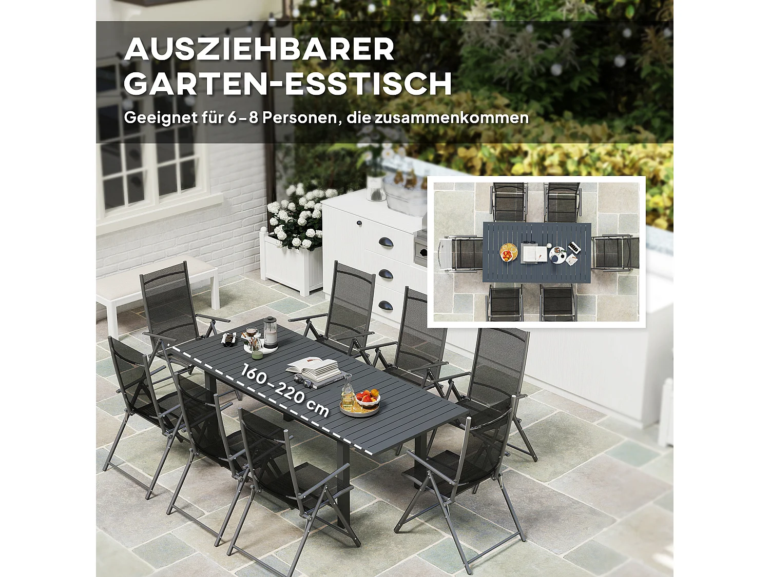 Uitschuifbare tuintafel van weerbestendig aluminium, grijs (160/220x90x73 cm)